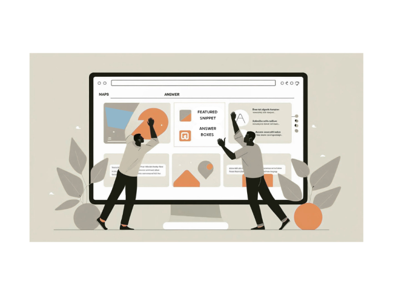 Flat vector illustration of two people interacting with a large search engine results screen, showing featured snippets, answer boxes, and maps — symbolizing the concept of Zero-Click Searches.