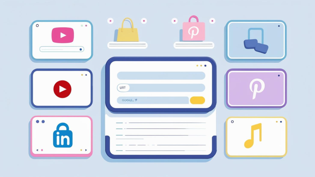 Vertical Search Engine illustration showing a search bar surrounded by icons symbolizing platforms like YouTube, Pinterest, LinkedIn, and music or shopping apps.