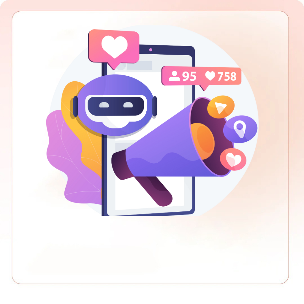 Illustration of Meta Ads concept showing a megaphone, chatbot, and social engagement icons like likes, followers, and location pins.