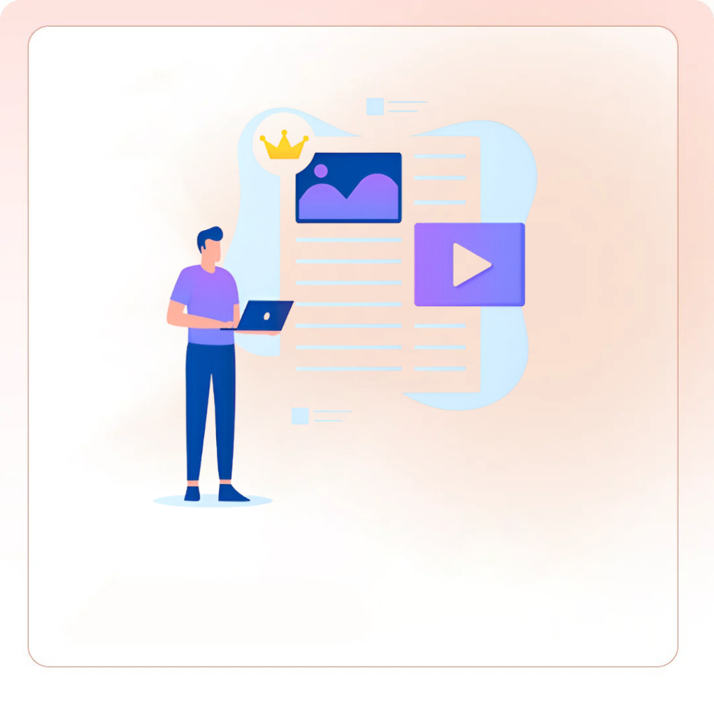 Cornerstone Content visual showing a person creating rich media content with text, images, and video elements