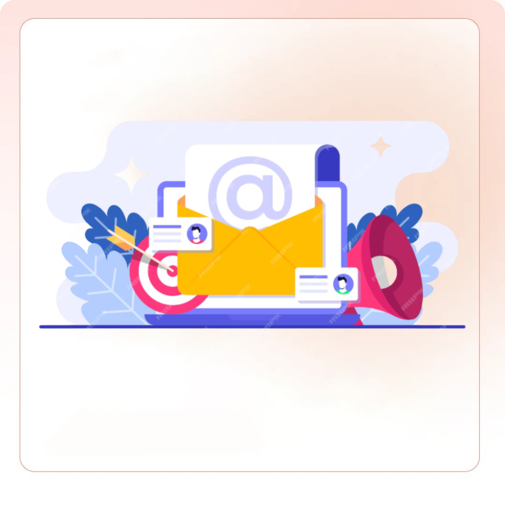 Illustration of email marketing with envelope, target, and megaphone, representing AI-powered personalization using LLMs