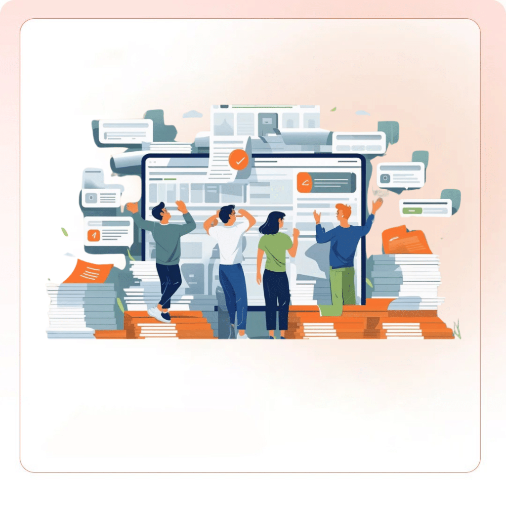 Vector illustration of overwhelmed marketers facing cluttered content and low-performing web pages, symbolizing zombie pages in SEO
