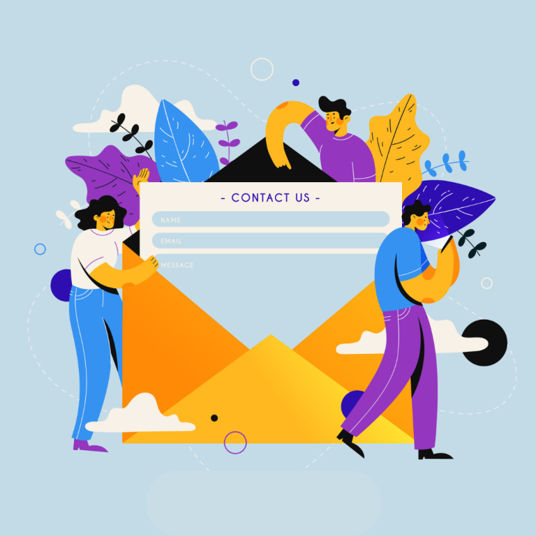 Illustration representing LLMs in email marketing, showing people engaging with a digital contact form inside an open email envelope.
