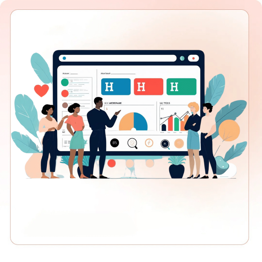 A flat vector illustration of a diverse team analyzing colorful H1 headers and SEO charts on a large screen, symbolizing color psychology in branding.