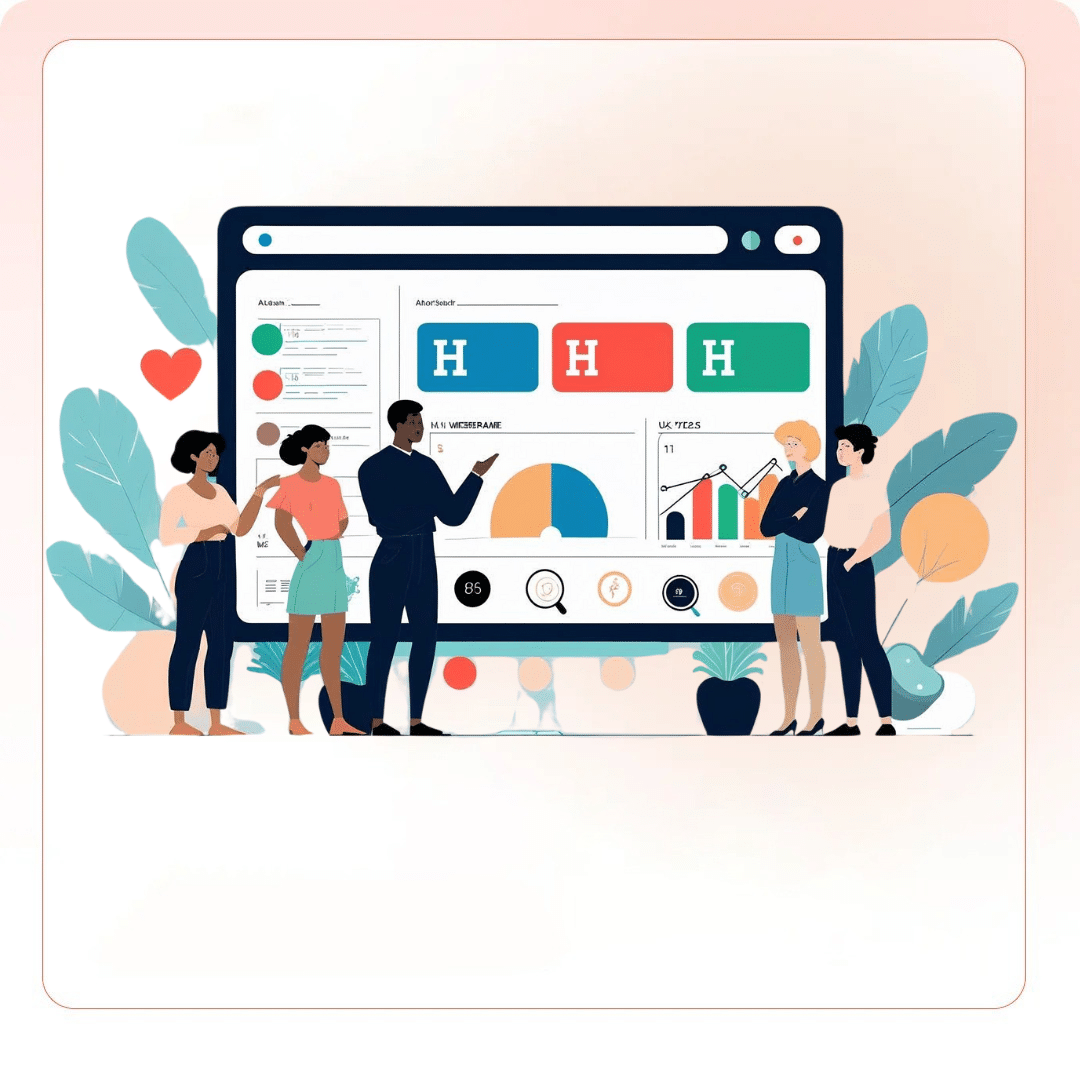 A flat vector illustration of a diverse team analyzing colorful H1 headers and SEO charts on a large screen, symbolizing color psychology in branding.
