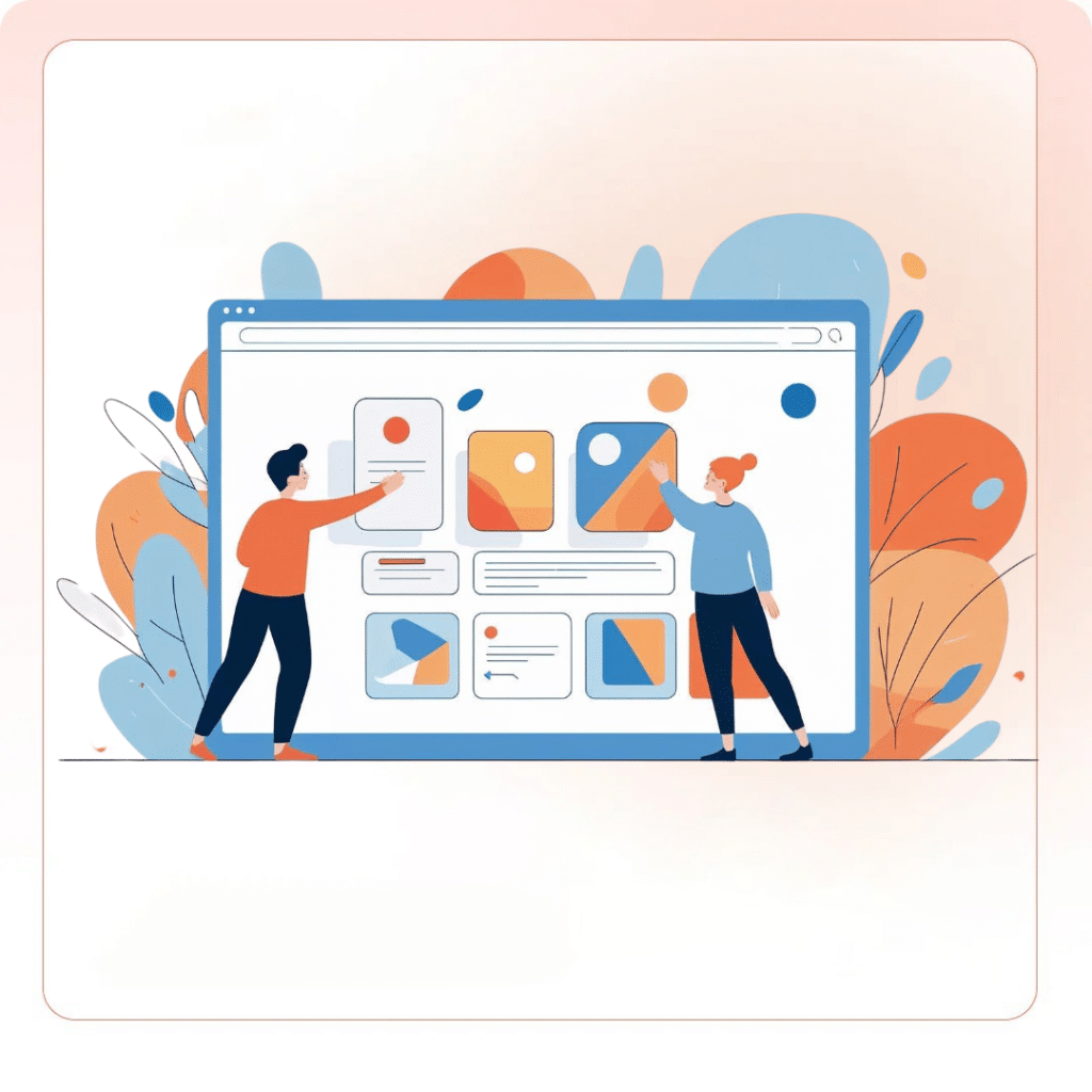 Flat vector illustration of two people interacting with a large search results interface, symbolizing the concept of Zero-Click Searches in modern SEO.