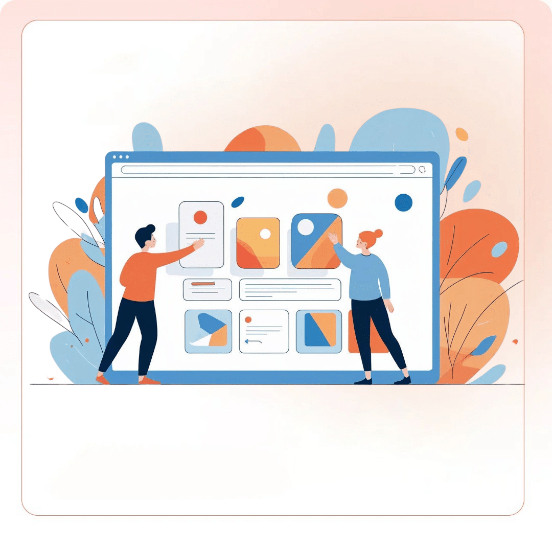 Flat vector illustration of two people interacting with a large search results interface, symbolizing the concept of Zero-Click Searches in modern SEO.