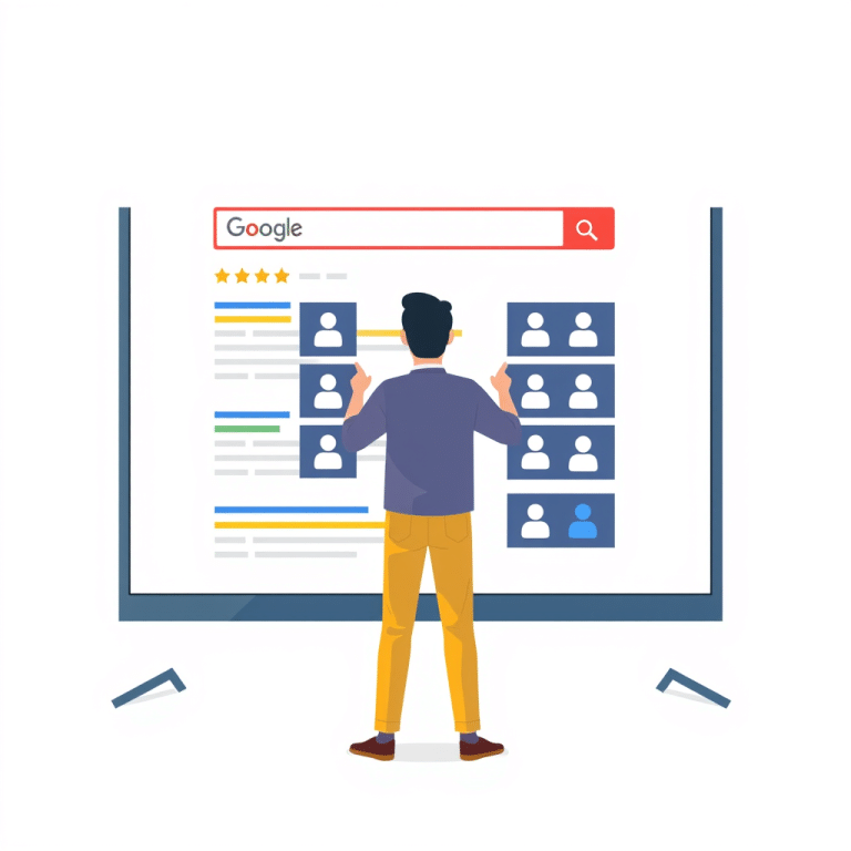 Flat vector illustration of a person adjusting Google search results on a large screen, symbolizing brand SERP control.