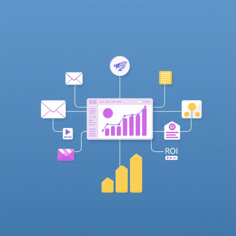 Market Attribution illustrated through a dashboard connected to email, social media, and ad channels showing ROI and growth metrics.