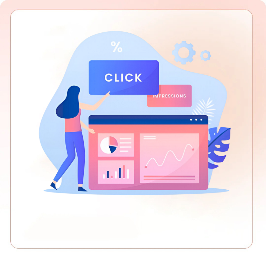 Illustration of a woman analyzing CTR data with graphs and click-through metrics on a digital dashboard.