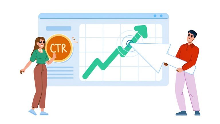 CTR improvement concept shown with upward graph, click icon, and marketers interacting with a digital interface.