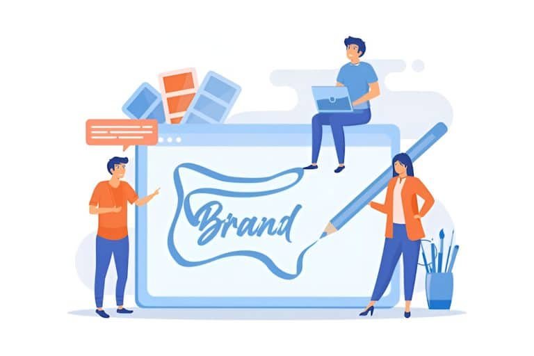 Branding strategy illustration showing a team designing a digital brand concept.